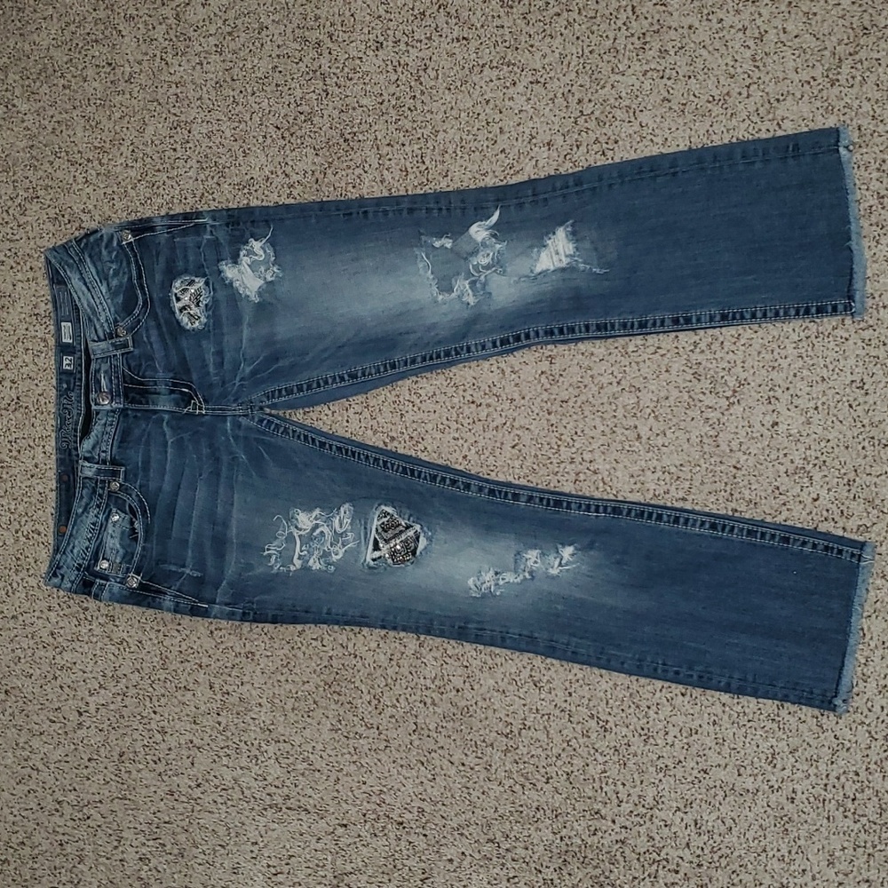 Miss Me Signature Cropped Distressed Rhinestone Blue Denim Jeans